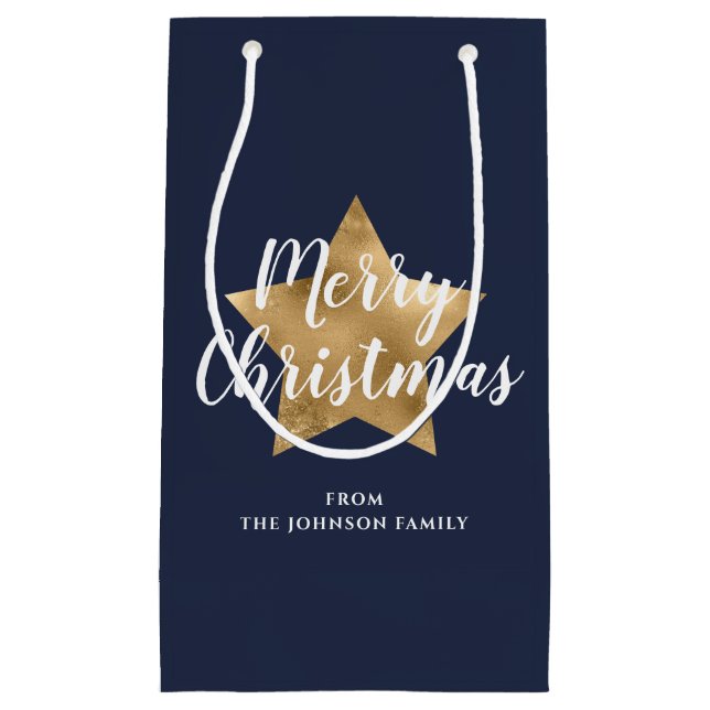 Elegant Navy Blue Gold Star Christmas Small Gift Bag (Front)