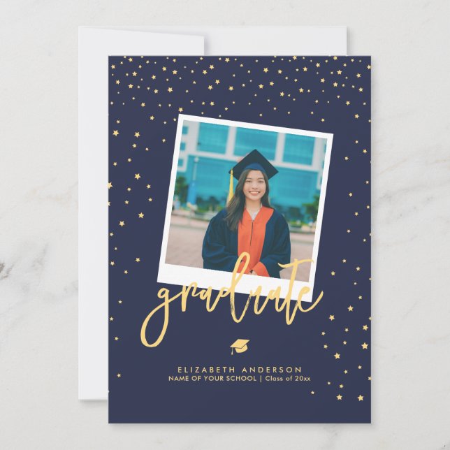 Elegant Navy Blue & Gold Stars Graduation Photo Invitation (Front)
