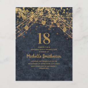 Elegant Navy Blue Gold String Lights 18th Birthday Invitation