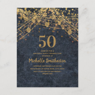 Elegant Navy Blue Gold String Lights 50th Birthday Invitation