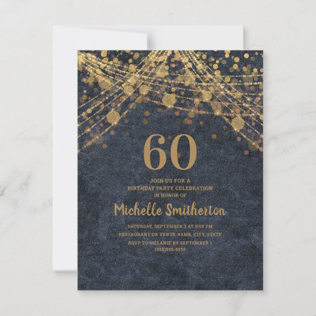 Elegant Navy Blue Gold String Lights 60th Birthday Invitation (Front)