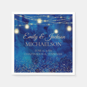 Elegant Navy Blue Gold String Lights Wedding Napkin