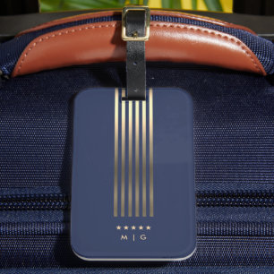 Elegant Navy Blue Gold Stripes Stars Monogram Luggage Tag