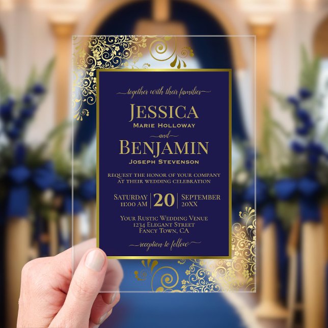 Elegant Navy Blue & Gold Stylish Text Posh Wedding Acrylic Invitations (Creator Uploaded)