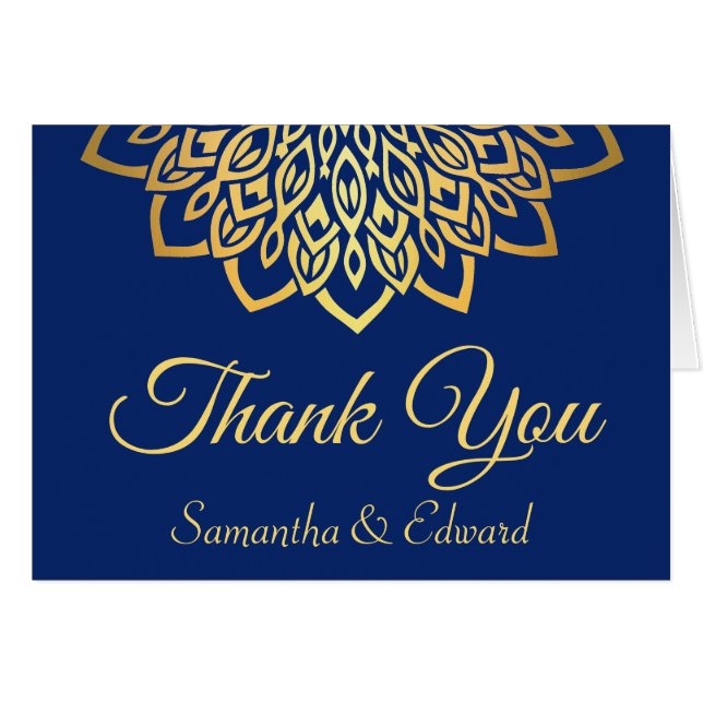 Elegant Navy Blue Gold Thank you Wedding Card (Front Horizontal)