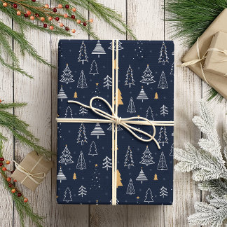 Elegant Navy Blue & Gold Tree Christmas Wrapping Paper