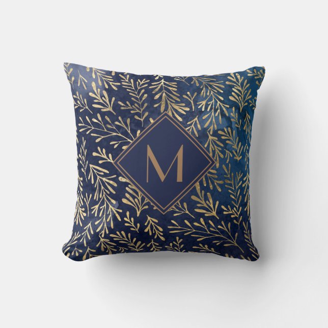 Elegant Navy Blue Gold Watercolor Leaves Monogram Cushion (Front)