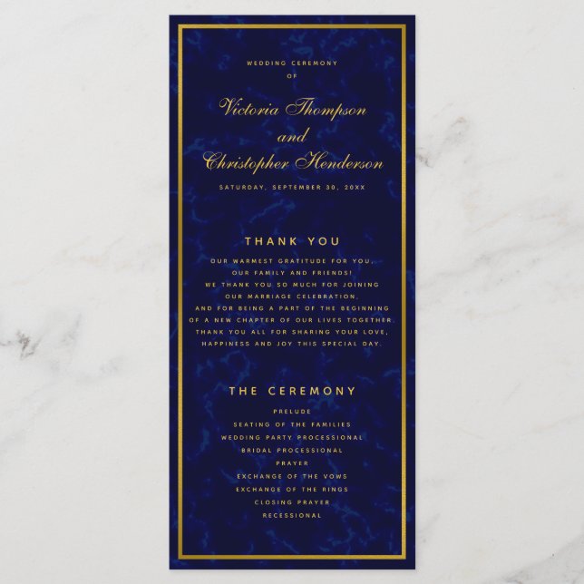 Elegant Navy Blue & Gold Wedding Ceremony Program Programme (Front)