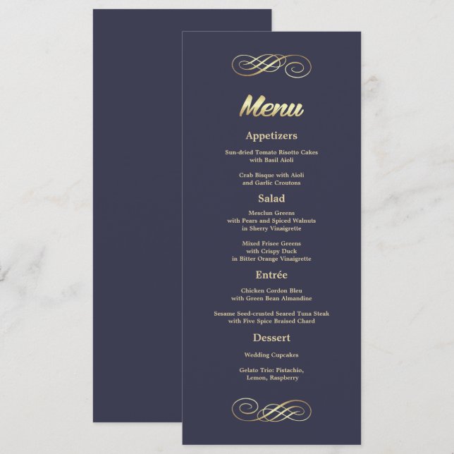 Elegant Navy Blue Gold Wedding Menu Cards (Front/Back)