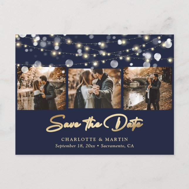 Elegant Navy Blue Gold Wedding Photo Save The Date Announcement Postcard (Front)