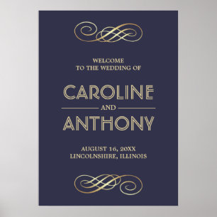 Elegant Navy Blue   Gold Wedding Welcome Sign