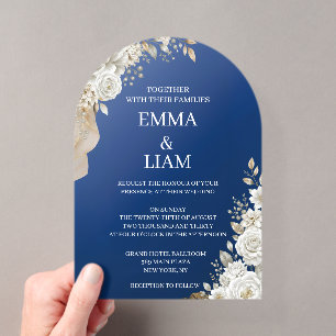 Elegant Navy Blue Gold White Rose Arch weeding Acrylic Invitations