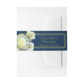 Elegant Navy Blue Gold White Rose Double Frame Invitation Belly Band