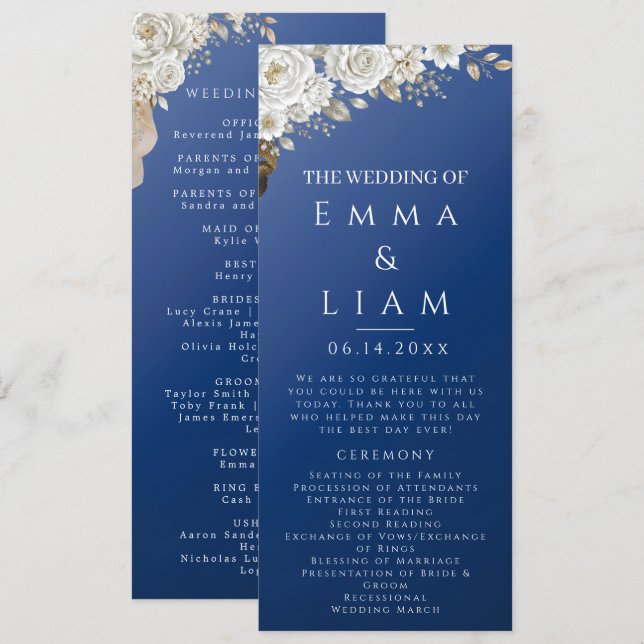 Elegant Navy Blue Gold White Rose Wedding Program Programme (Front/Back)