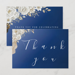Elegant Navy Blue Gold White Rose Wedding Thank  You Card