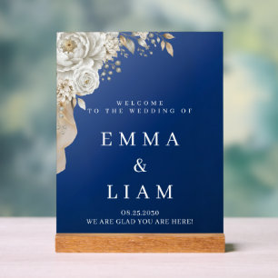 Elegant Navy Blue Gold White Rose Wedding Welcome Acrylic Sign
