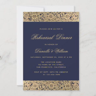 Elegant Navy Blue Gold Wild Roses Rehearsal Dinner Invitation
