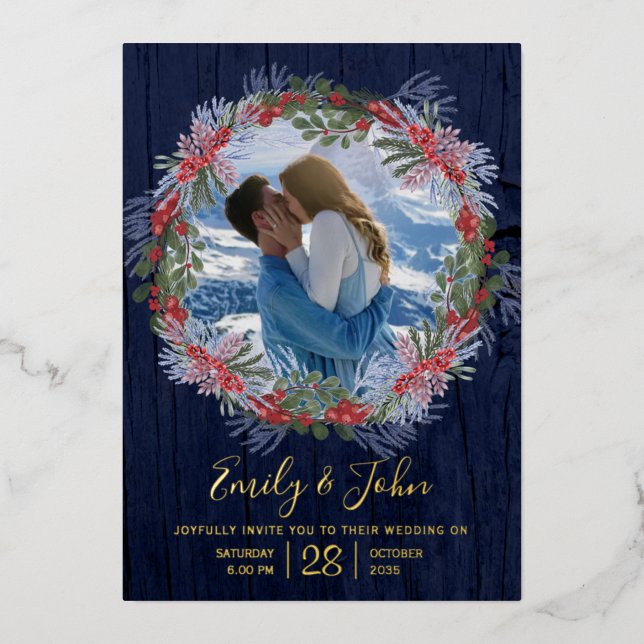 Elegant Navy Blue & Gold Winter Floral Wedding  (Front)