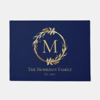 Elegant Navy Blue Gold Wreath Family Name Monogram