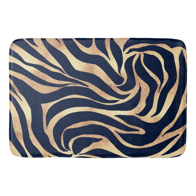 Elegant Navy Blue Gold Zebra Print Bath Mat (Front)
