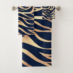 Elegant Navy Blue Gold Zebra Print Bath Towel Set