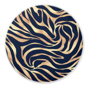 Elegant Navy Blue Gold Zebra Print Ceramic Knob
