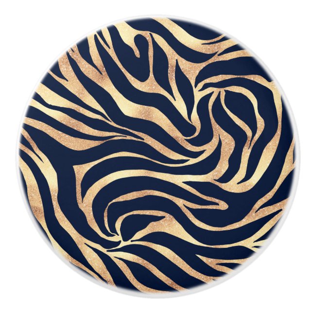 Elegant Navy Blue Gold Zebra Print Ceramic Knob (Front)