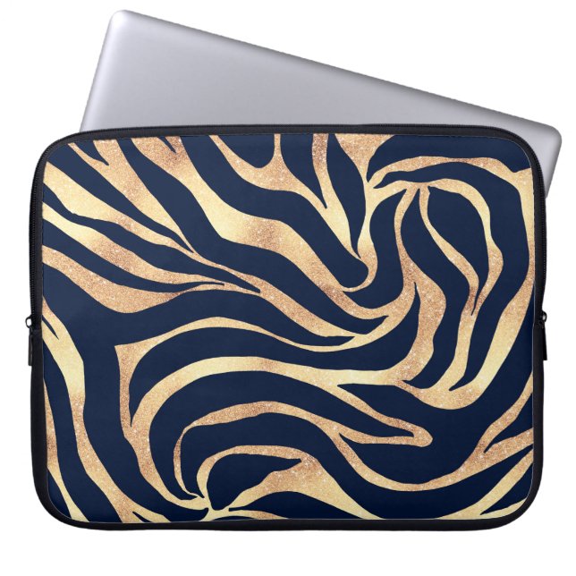 Elegant Navy Blue Gold Zebra Print Laptop Sleeve (Front)