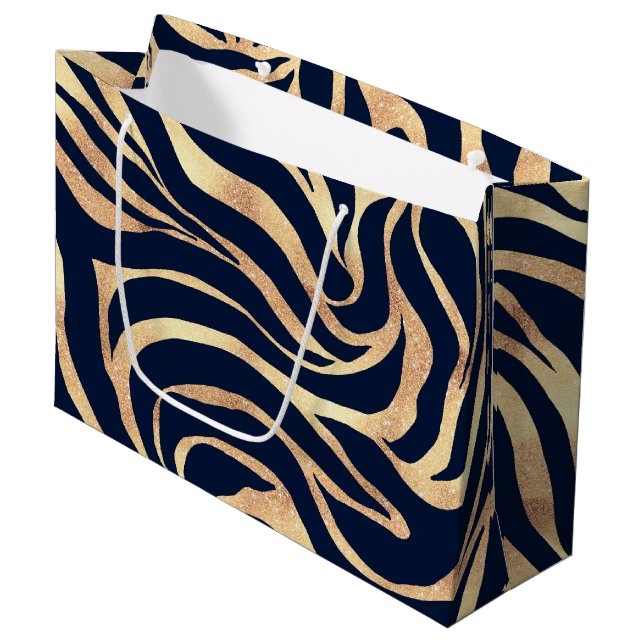 Elegant Navy Blue Gold Zebra Print Large Gift Bag (Front Angled)