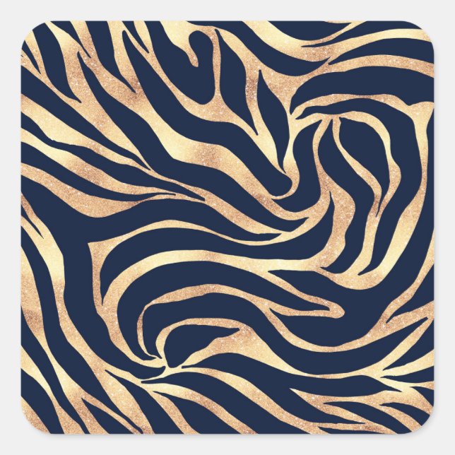 Elegant Navy Blue Gold Zebra Print Square Sticker (Front)