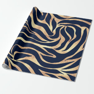 Elegant Navy Blue Gold Zebra Print Wrapping Paper