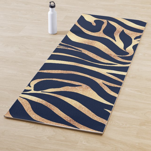 Elegant Navy Blue Gold Zebra Print Yoga Mat (In Situ)