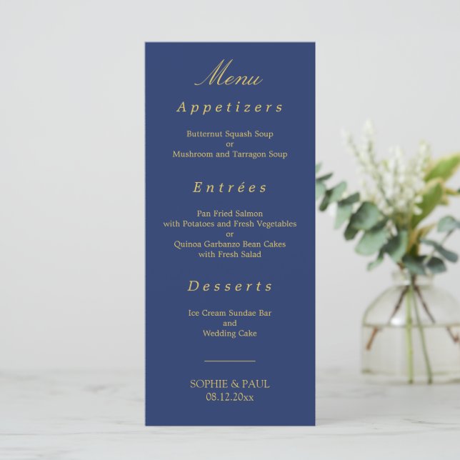 Elegant Navy Blue Golden Beige Wedding Menu (Standing Front)