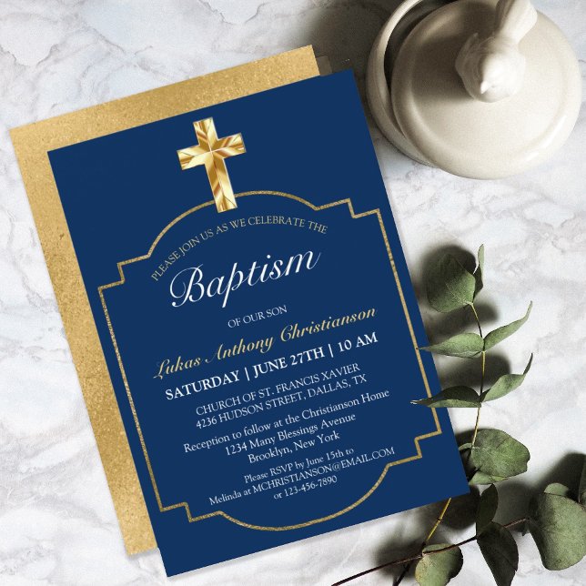 Elegant Navy Blue Golden Cross Boys Baptism Invitation (Creator Uploaded)