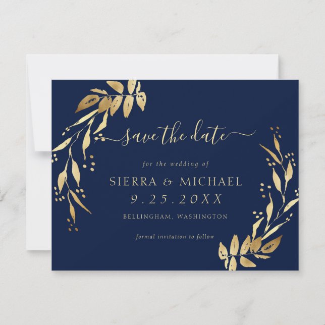 Elegant Navy Blue Golden Foliage Save the Date Invitation (Front)