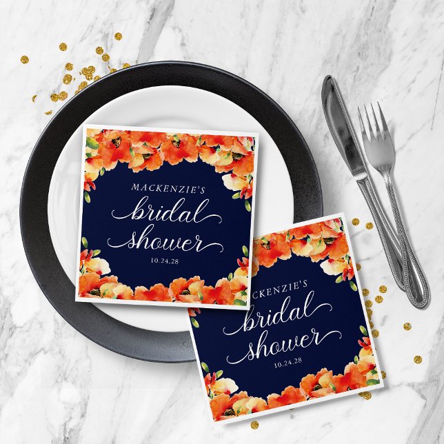 Elegant Navy Blue Golden Poppy Bridal Shower Napkin (Elegant Navy Blue Golden Poppy Bridal Shower Napkins)
