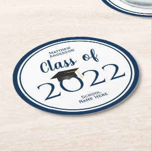 Elegant Navy Blue Graduation Party Round Paper Coaster