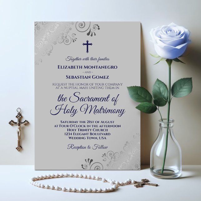 Elegant Navy Blue & Gray Modern Catholic Wedding Invitation (Creator Uploaded)