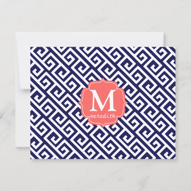 Elegant Navy Blue Greek Key Personalised Invitation (Front)