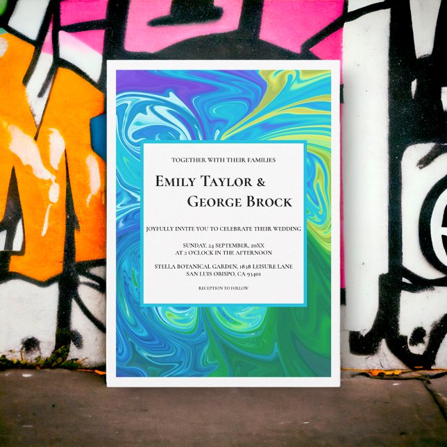 Elegant Navy Blue Green Waves Abstract Art Wedding Invitation (Creator Uploaded)