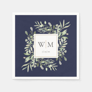 Elegant Navy Blue Greenery Gold Monogram Napkin
