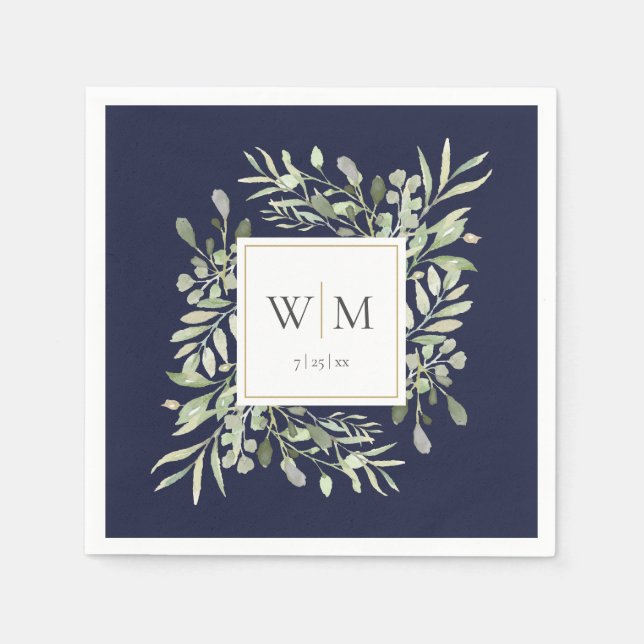 Elegant Navy Blue Greenery Gold Monogram Napkin (Front)