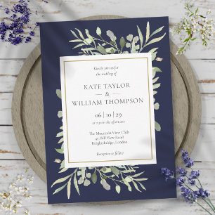 Elegant Navy Blue Greenery Leaves Wedding Invitation