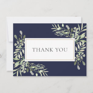 Elegant Navy Blue Greenery Leaves Wedding Thank You Card