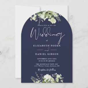 Elegant Navy Blue Greenery QR Code Wedding Arch Invitation