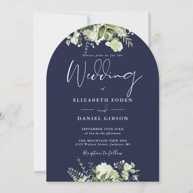 Elegant Navy Blue Greenery QR Code Wedding Arch Invitation (Front)
