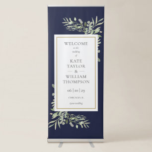 Elegant Navy Blue Greenery Wedding Welcome Retractable Banner