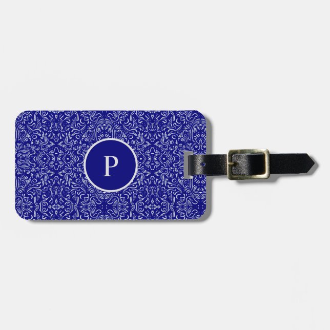 Elegant Navy Blue & Grey Damask Pattern Luggage Tag (Front Horizontal)