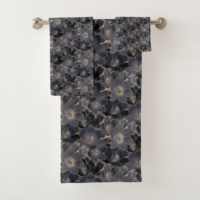 Elegant Navy Blue & Grey Floral Pattern Bath Towel Set (Insitu)