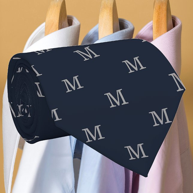 Elegant Navy Blue Grey Monogram Personalised Tie (Creator Uploaded)